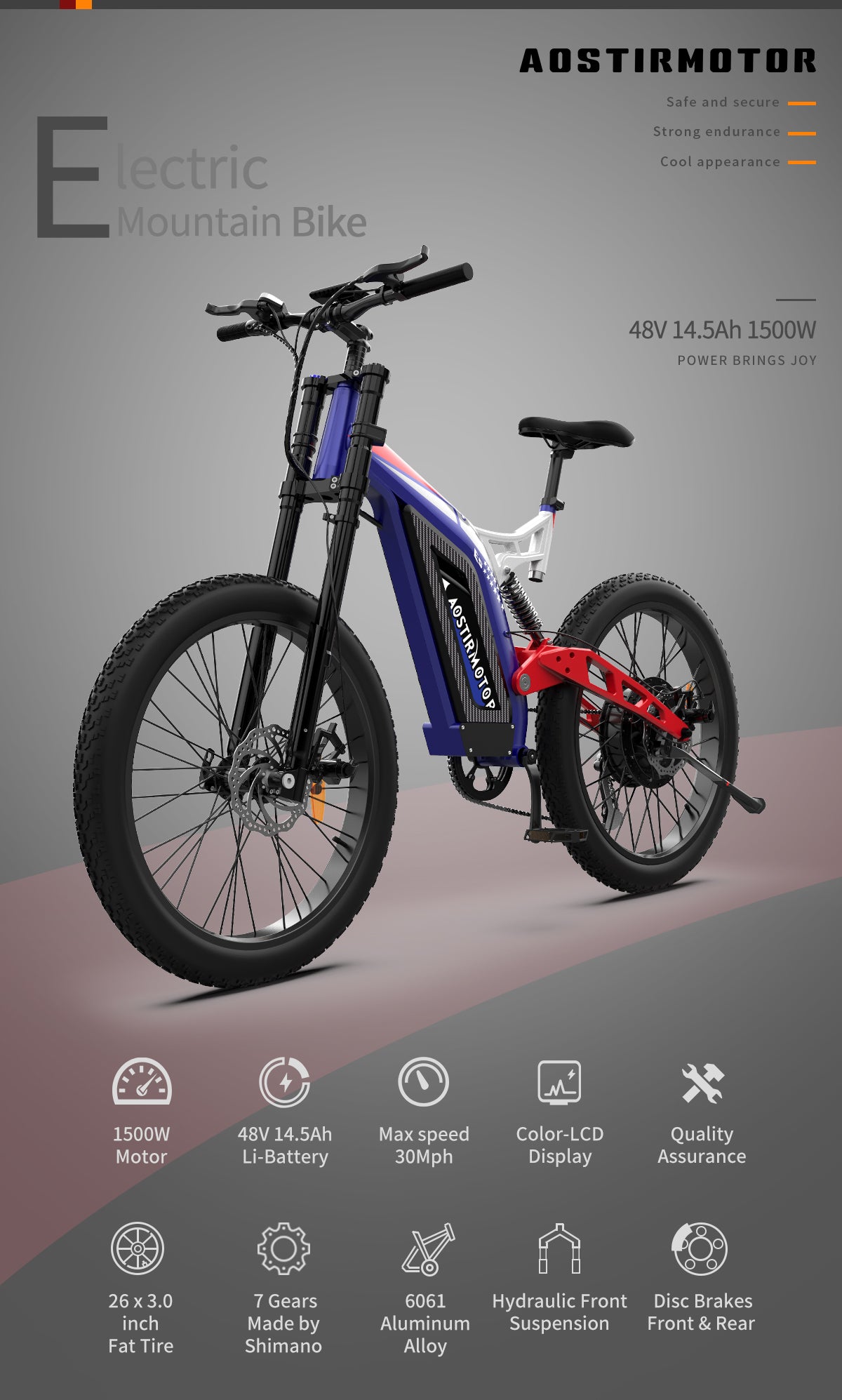 AostirMotor Big Front Fork Electric Bike S17-1500W - E-Wheel Warehouse