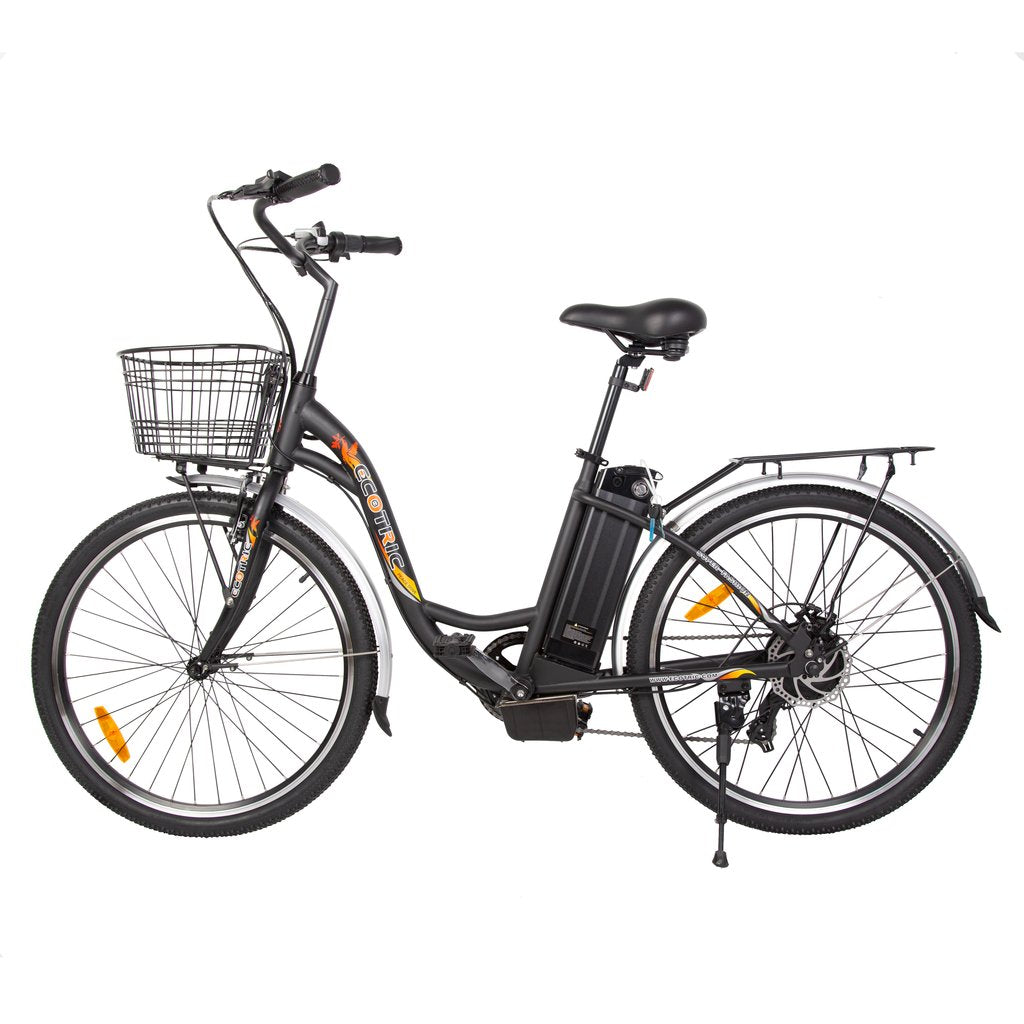 Ecotric 26inch Black Peacedove Electric City Bike with basket and rear rack