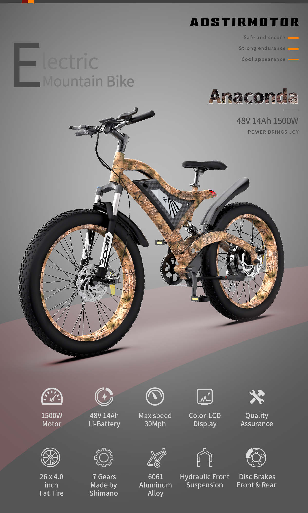 AostirMotor S18 1500W Electric Bike Snakeskin Grain - E-Wheel Warehouse